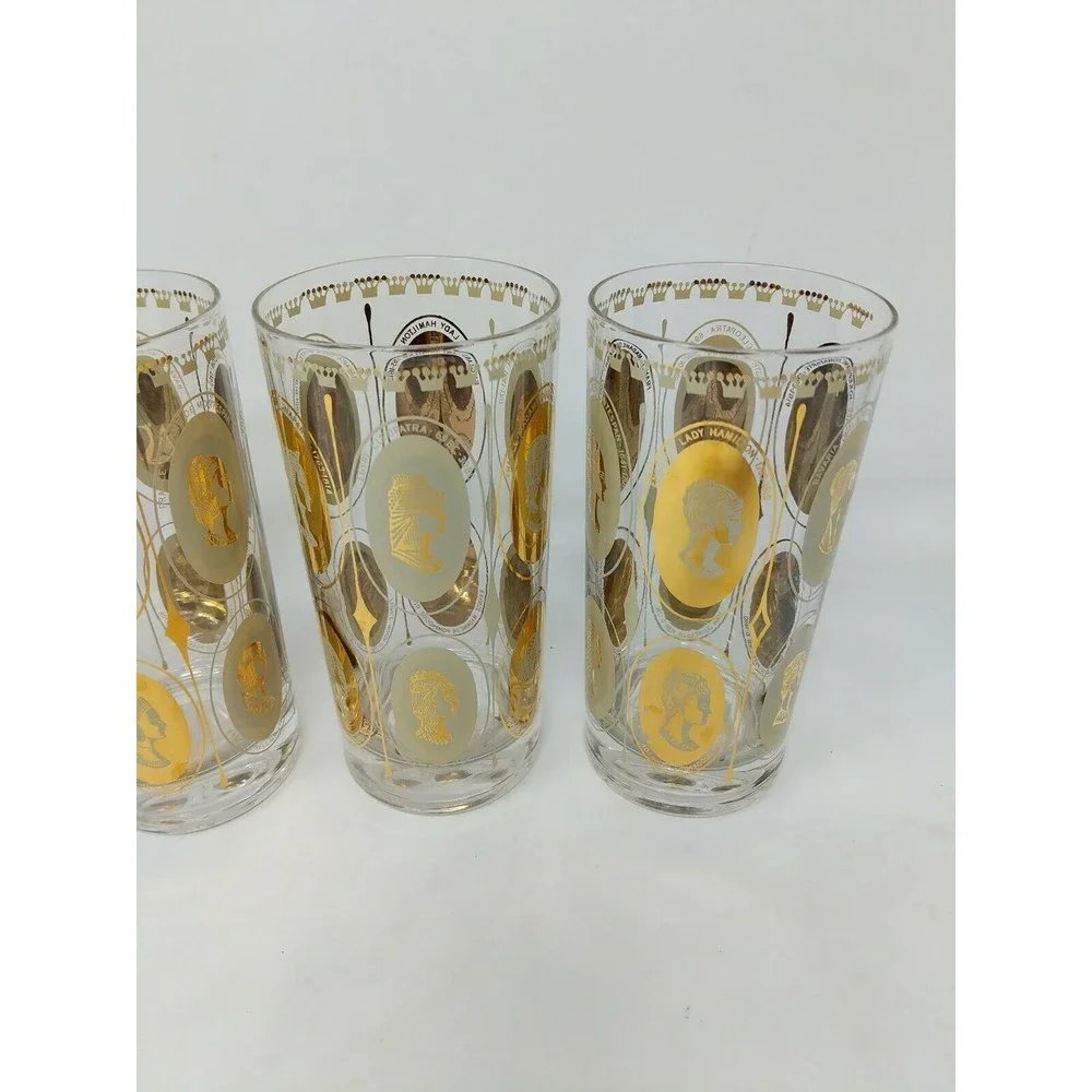 Gold Queen Women Portrait Highball Mid Century MCM Cosmopolitan Bar‎ Glasses VTG